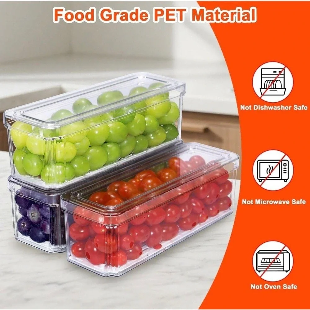 Pure Future 3 Pack Stackable Fridge Organizer Bins with Lids and Removable Drain